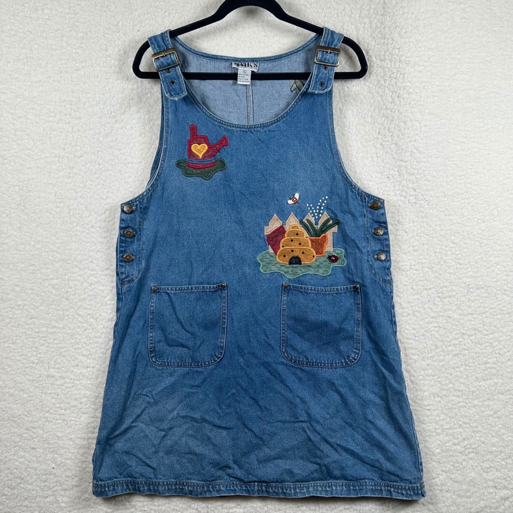 Vtg Haik's Denim Pinafore Dress Blue Garden Beehive Embroidery XL Cottagcore
